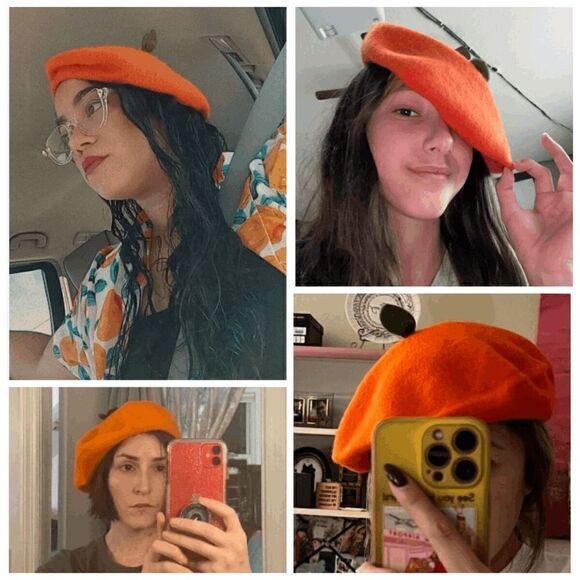 🍊 Orange Fruit Leaf Decor Wool-Mix French Style Cute Beret Hat NEW - Picture 8 of 10